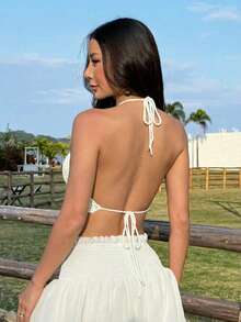 Women's New Fashionable Crochet Camisole Cover Up, Hollow Out Semi-Sheer Backless Beach/Music Festival Sexy Crop Top, Classic White - White - View 5