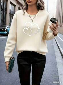 1pcs Women's Light Pink Heart And Butterfly Print Sweater - Soft Pink Long Sleeve Round Neck Pullover, Comfortable Casual Sweater For All Seasons, Suitable For Daily Wear, Valentine's Day Outfit, Machine Washable Loose Fit Sweater, Heart And Butterfly Design, Casual Fit Suitable For Layering, Fashionable And Comfortable Women's Fashion Sweater-Valentine Gift - 杏色 - 查看 3