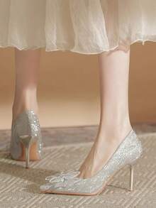 （建议选购大一码）女士仿珍珠装饰绑带粗跟方头蝴蝶结套脚鞋，适合搭配裙装 - 銀色 - 查看 4