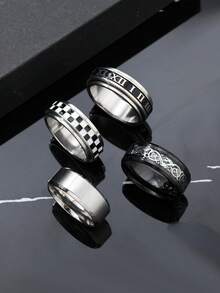 4pcs Fashionable Stainless Steel Men's Ring Set, Includes Roman Letter, Black & White Plaid, Dragon Texture, Matte Elements, Suitable For Men's Daily Wear, Holiday, Date, Engagement, Wedding Gift - Silver - View 9