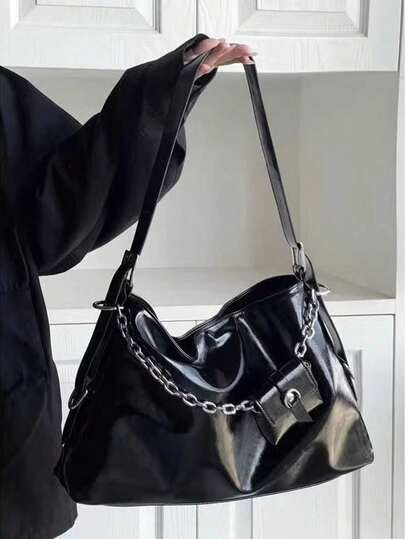 Bolso de mano de estilo callejero de gran capacidad, de material de piel sintética con parches negros, decorado con cremallera, diseño de botón a presión con múltiples bolsillos, adornos de remaches trenzados, borlas y correa larga ajustable para llevar de hombro o cruzado. Adecuado para uso diario, viajes, vacaciones, compras y diversas ocasiones.