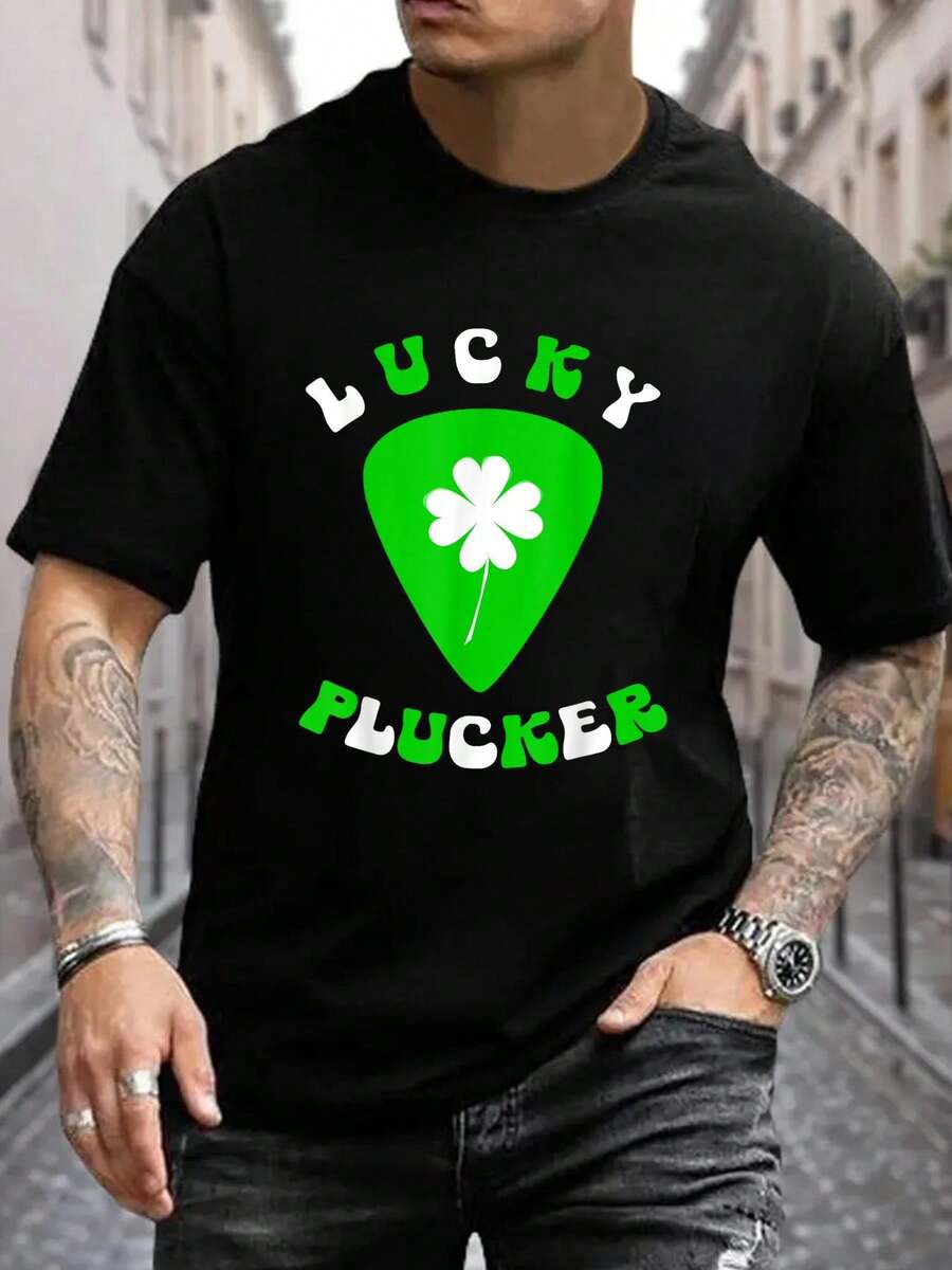 100% Cotton Lucky Plucker Funny St. Patrick's Day Guitar Pick Pun T-Shirt Women's Men's Graphic Tee Black Crew Neck T-Shirt Short Sleeve Summer Tee Tops - Black - View 1