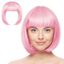 DShort Bob Wig For Women Ago With 2 Hairnets Colored Straight Wigs With Bangs Neon Colorful Synthetic Wig Natural As Real Hair Funny Costume Wigs For Halloween Party Anime Cosplay - Pink - View 1