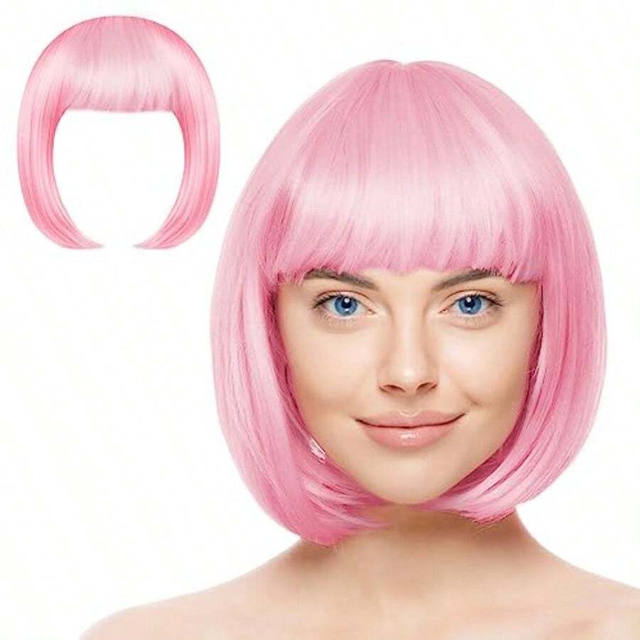 DShort Bob Wig For Women Ago With 2 Hairnets Colored Straight Wigs With Bangs Neon Colorful Synthetic Wig Natural As Real Hair Funny Costume Wigs For Halloween Party Anime Cosplay - Pink - View 1