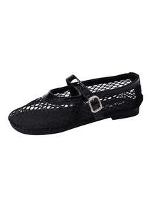 2026 Spring/Summer Retro Chic Black Snake Skin Textured Hollow Mesh Metal Buckle Strap Flat Mary Jane Shoes, Suitable For Commuting, Shopping, Dating, Valentine's Day Party - Black - View 13