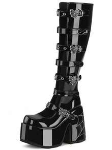 Y2k Style Women's Knee High Boot Solid Color  Buckle Round Toe Punk Motorcycle Nightclub Cosplay Shoes - 黑色(2) - 查看 2