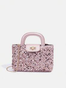 1件装女童新款时尚亮片优雅手提包，高端单肩斜挎包，扭锁装饰五金顶部提手系列，链条肩带包，母女同款包包，钱包，可调节肩带单肩包，适合日常、派对、旅行，理想礼物 - 大小號手提包 - 查看 20