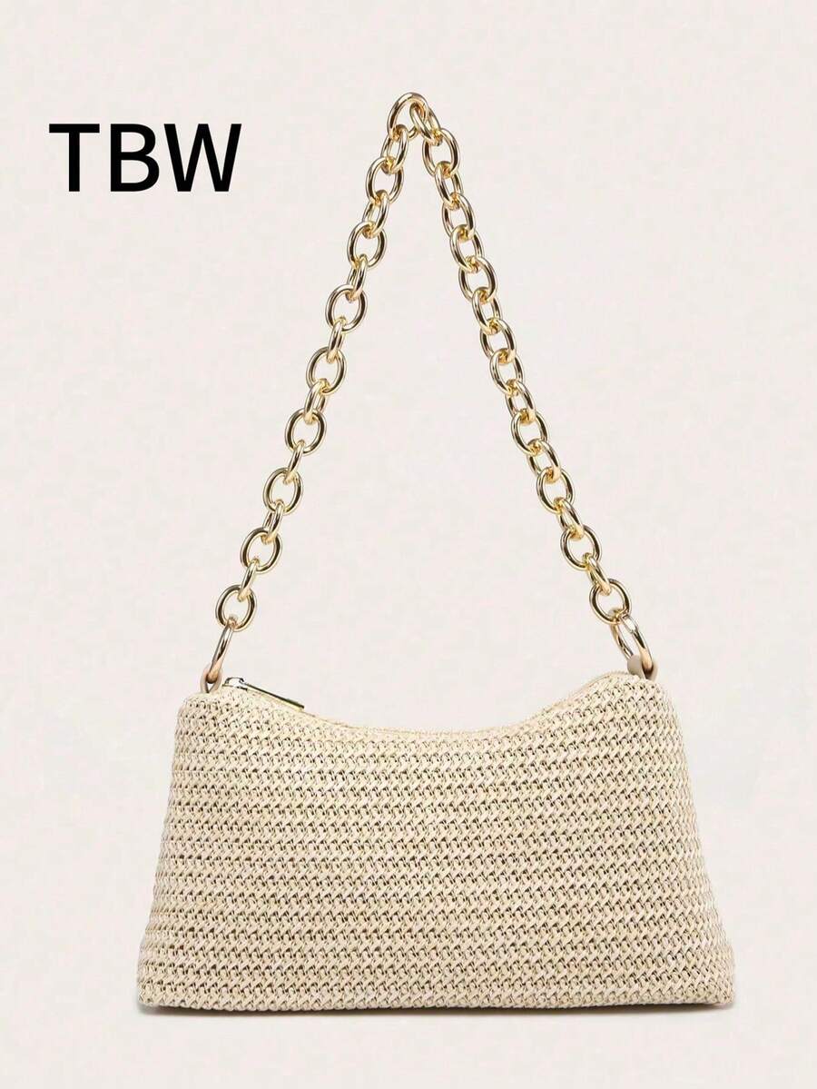 女士方形金属链条腋下包，大容量，轻便，休闲时尚，海滩度假风，适合购物和度假 - 杏色 - 查看 1