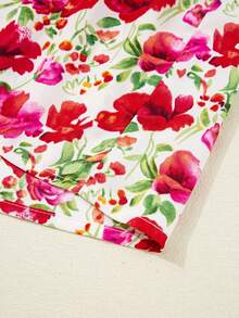 Acelitt Red Floral Puff Sleeve Tiered Ric Rac Pocketed Mini Dress - Multicolor - View 11