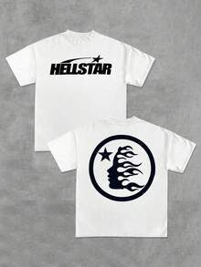 1Pcs Y2K Swag Star And Flame Men's 220G Casual T Shirt Streetwear Style 100% Cotton Men Clothes  Double Sided Graphic Printed T Shirt Burning Head Silhouette Tee - White - View 1