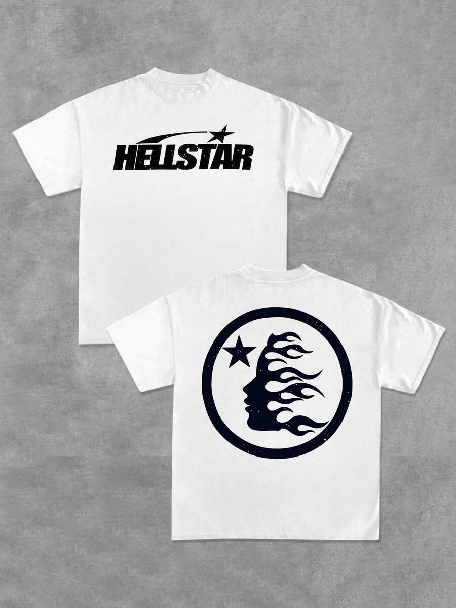 1Pcs Y2K Swag Star And Flame Men's 220G Casual T Shirt Streetwear Style 100% Cotton Men Clothes  Double Sided Graphic Printed T Shirt Burning Head Silhouette Tee - White - View 1
