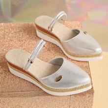 Retro Metallic Sheen Wedge Mule Shoes, Metallic Textured Upper, Elegant Slip-On Design, Convenient Slip-On, Fashionable For Daily Commute In Summer - Silver - View 5