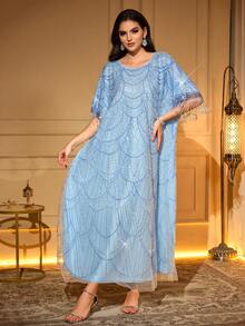 Vestido Longo de Festa Elegante para Mulheres, Manga Curta Gola Redonda, Decorado com Borla de Contas e Detalhes de Lantejoulas, Casamento Primavera - Azul celeste - Visão 5