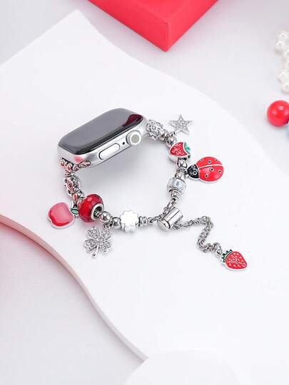 1 New Ladybug Pendant Strap Silver+Red Compatible With Apple Watch Strap Suitable For 38mm 40mm 41mm 42mm 44mm 45mm 46mm 49mm Women's Fashion Bracelet Suitable For Series UltraS10/S11/9/8/7/6/5/4/3/1 Smart Wristbands (Excluding Watches) Best Gift For Girlfriends And Friends Birthday