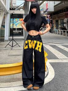 1件韩版街头风女式黑色阔腿牛仔裤，宽松印花休闲裤，四季皆宜的百搭牛仔裤（不含腰带/配饰）春季款 - 黑色 - 查看 7