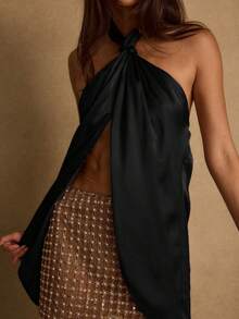 Women's Halter Tank Top Sleeveless Open Back Ruffle Slit Front Silk Satin Shirt Camisole For Party Cocktail - 黑色 - 查看 3