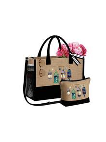 Lantern Pattern For Eid Al Fitr Tote Bag With Makeup Bag And Hat Set; Ladies' Portable Zipper Wallet, Fashionable Travel Wash Bag, Lunch Box Bag, Backpack, School Travel Beach Women's Day Multifunctional Bag, Multifunctional Portable Handbag, University Backpack That Can Hold Textbooks; Holiday Travel Lightweight Bag - Multicolor - View 13