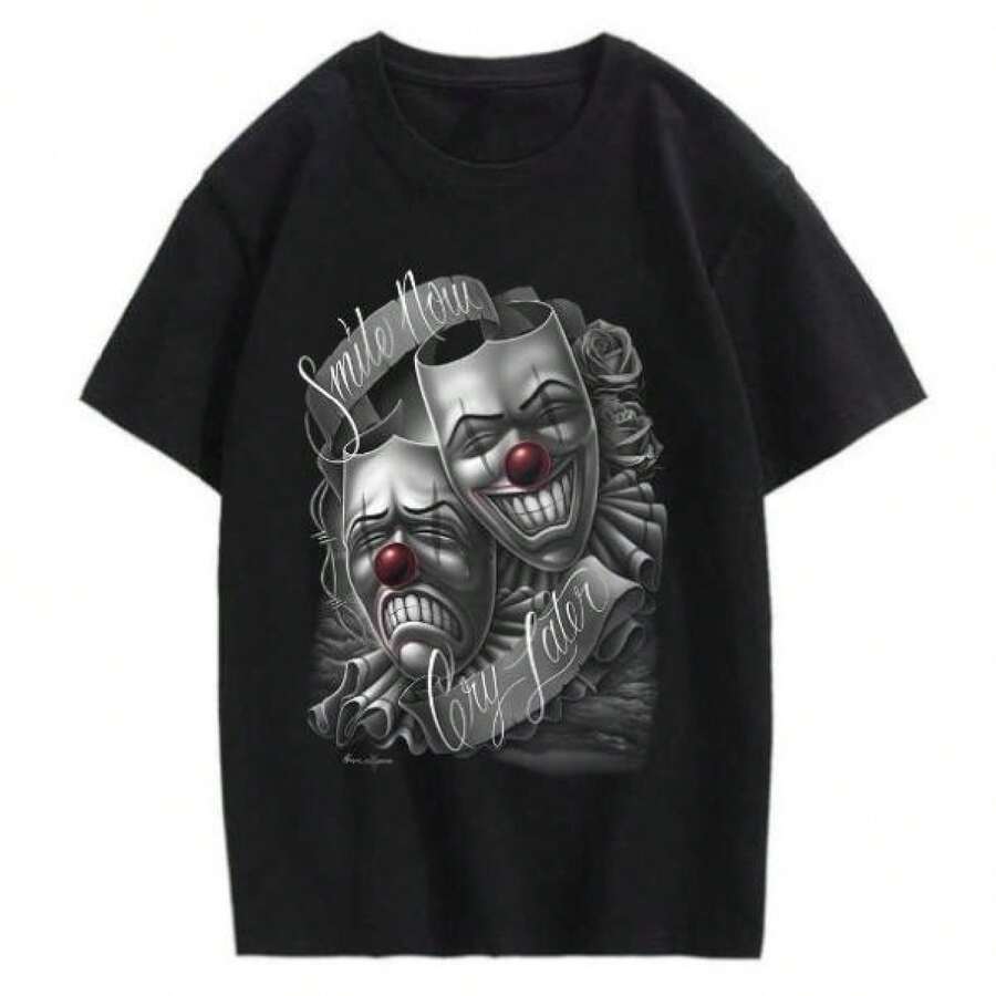 Vintage Smile Now Cry Later Drama Lowrider Art David Gonzales DGA Graphic Tee Menswear Top Underwear Streetwear Tropical Casualmen Gifts,Graphic Tees - 黑色 - 查看 1