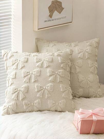 Bow Pillow Covers Set Of 1 Room Decor Cute Faux Fur Soft Bowknot Preppy Stuff Fluffy Plush Aesthetic Pillow Covers For Bed Sofa Couch, Autumn-Winter Valentine's Day Decorations