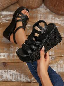 Women's Platform Thick Strap Dark Fashion Sandals,Spring Summer Outfits - Black - View 5