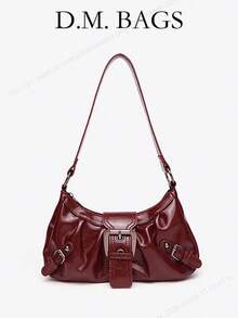 Y2K Vintage Soft Distressed Leather Motorcycle Bag With Rivet, Buckle, Pleated Cloud Decor, Shoulder/Underarm Bag, Suitable For Work, Commute, Date, Party - 酒紅色 - 查看 1