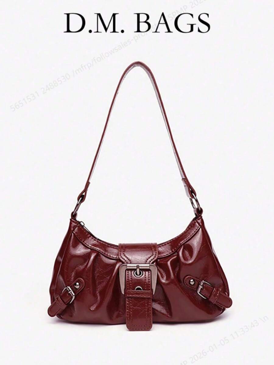 Y2K Vintage Soft Distressed Leather Motorcycle Bag With Rivet, Buckle, Pleated Cloud Decor, Shoulder/Underarm Bag, Suitable For Work, Commute, Date, Party - 酒紅色 - 查看 1