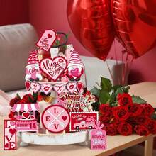16pcs Valentine's Day Tiered Tray Decor Set, Farmhouse Wooden Valentine's Day Table Decor, Rustic Wooden Heart Hugging & Kissing Table Toppers, Suitable For Wedding Party Gifts (Tray Not Included) - 彩色 - 查看 7