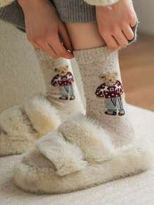 10 Pairs Women's Cartoon Bear Pattern Thick Yarn Loose Socks, New Thickened Warm Mid-Calf Socks, Suitable For Autumn/Winter, Elastic Breathable Durable Fashion Socks - Multicolor - View 5