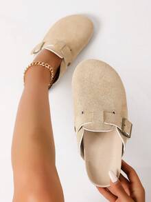 1双女士厚底搭扣凉鞋，春季新款，杏色圆头套脚绒面平底穆勒鞋，百搭户外休闲拖鞋 - 杏色 - 查看 2