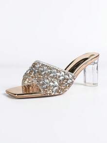 Sapatos de Salto Alto Femininos, Bico Quadrado com Strass Cintilantes, Salto Assimétrico, Confortáveis. Glamorosos, Strass Brilhantes, Adequados para Festas, Reuniões, Bailes, Compras, Várias Ocasiões e Festivais. Sandálias de Salto Alto Elegantes com Strass Prateados Cintilantes para Praia, Casamentos, Festas, Uso Externo na Primavera/Verão - Champanhe - Visão 6