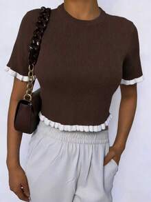 Women's Elegant Holiday/Graduation Knit Top, Casual Short Sleeve Cream Yellow Ruffle Hem Knit Pullover Sweater, Summer - Brown - View 7