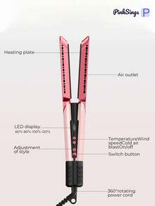 PinkSings 2-In-1 Hair Dryer/Straightener, High-Speed Airflow + Fast Heating + Temperature Adjustable + LCD Display + Auto Shut-Off + Gentle On Hair - Pink - View 10