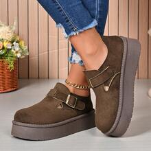 Retro Suede Women Thick Sole Casual Loafers, Buckle Decor Slip On Design For Easy Wear, Hollow Platform Thick Sole, Fashionable For Daily And Commuting Wear In Autumn/Winter - Brown - View 2