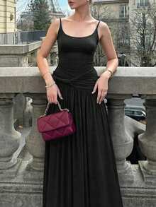 女士时尚无袖方领修身A字迷你连衣裙，梭织面料 - 黑色 - 查看 6