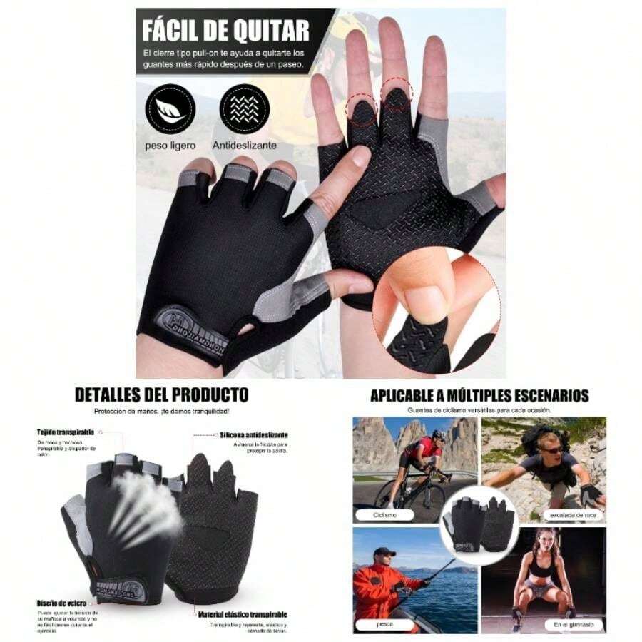 Guantes Deportivos Mujer y Hombre, Guantes de Fitness y Ciclismo, Alfombrilla Antideslizante de Silicona para Medio Dedo, Guantes de Gimnasia para Hombres y Mujeres - G + Negro ordinario - Ver 1