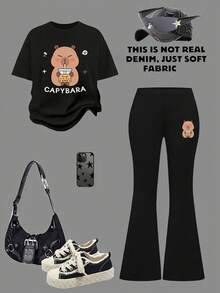 Pakaian Kasual untuk Remaja Perempuan: Kaos Lengan Pendek Bergambar Kartun Capybara dan Celana Panjang Ketat Model Flare - Hitam - View 3