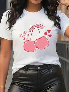 Cherry Heart Pattern Casual Loose Fit T-Shirt Fashionable Round Neck Short Sleeve For Daily Wear And Outdoor - trắng - Xem 2