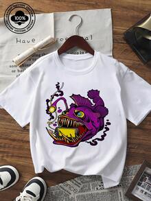 T-shirt à manches courtes pour femmes avec imprimé graphique de poisson-ange vif, col ras-du-cou, coupe ample, t-shirt casual streetwear, mode d'été, pull confortable pour un port quotidien - Noir - Voir 6