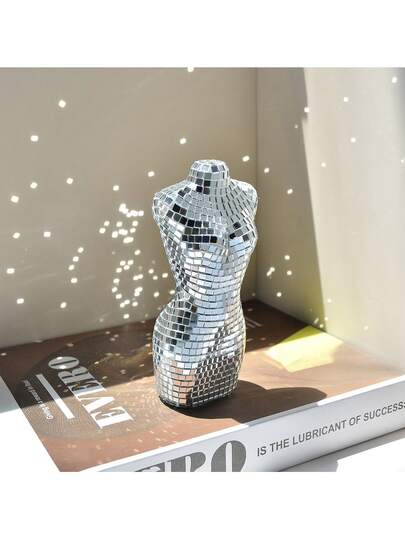 1件迪斯科镜面球装饰品 - 反光玻璃工艺装饰品，适用于桌面展示、迪斯科派对装饰和艺术人形雕塑，配有项链装饰