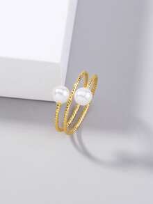 Nooxian 1pc Adjustable Pearl Geometric Open Ring - Yellow Gold - View 2