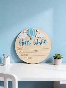 1pc "Hello World" Birth Announcement Board, Baby Photo Prop Wooden Plaque, Baby Milestone Marker, Christening Gift (Boy/Girl) - 3D Hot Air Balloon Blue - View 7