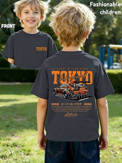 1pc Boys' Loose Fit Round Neck Street Style Graphic T-Shirt, Tokyo Racing Print, Soft & Comfortable Fabric, Suitable For Street Style, Casual Daily Wear, And Spring/Summer Outdoor Activities