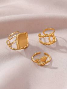 Women's Gold-Plated Ring Set - Bubble, Square And Tulip Design Open Rings, Minimalist & Stylish For Everyday Wear - Gold - View 4