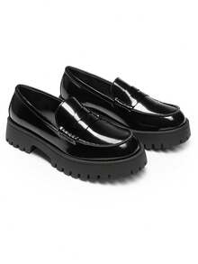Women Platform Black Patent Loafers 1.57-Inch Chunky Mid-Heel Flatform Loafer Round Toe Versatile Classic Casual Slip On Shoes, 2026 New Spring Summer Shoes - ĐEN-PAT - Xem 10