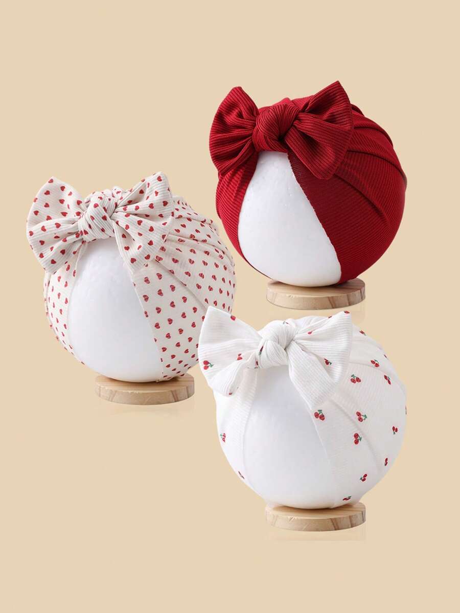 Baby Striped Print Headband, Infant Heart Cherry Bow Headwear, Girls Valentine's Day Hair Accessories - Red - View 1