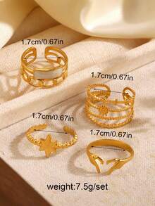 4pcs 18K Gold Plated Stainless Steel Vintage Geometric Star, Sun, Heart, Oval Rings Set, Elegant Fashion Jewelry Gift For Women, Suitable For Daily, Holiday, Party, Date Occasions - Multicolor - View 4