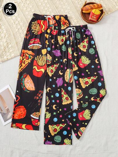 Bộ 2 quần pajama nam in hình hamburger và pizza ngộ nghĩnh, lưng thun có dây rút, hai túi, mềm mại và thoải mái, thích hợp mặc ở nhà, mọi mùa.
