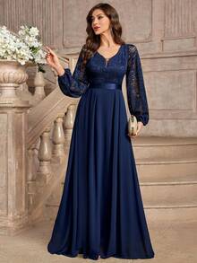 MIUSOL Elegant Floral Lace Deep V-Neck Lantern Sleeve Ruffle Hem Maxi Evening Dress - Navy Blue - View 6
