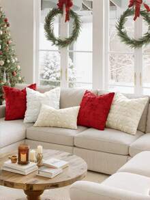 蝴蝶结抱枕套套装（1件）房间装饰可爱仿毛皮柔软蝴蝶结学院风蓬松毛绒美观抱枕套，适用于床、沙发、躺椅，秋冬季情人节装饰 - 紅色 - 查看 6