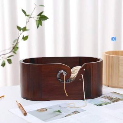 1pc Rustic Wooden Multi-Function Yarn Storage Bowl - 1pc Oval Knitting Wool Storage Box With Holes - 28.5x15.2x12cm Household Craft Tools